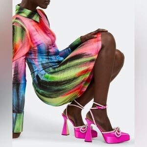 New Mach & Mach Double Bow Platform Crystal Sparkle Pointed Toe Heels Sz 37